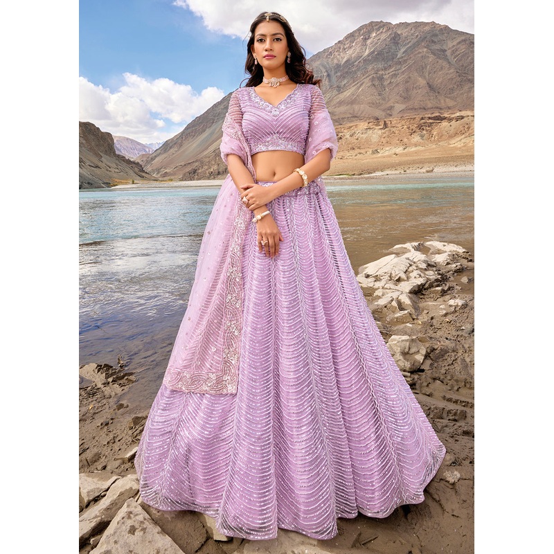 Lavender Embroidered Pure Net Designer Bridal Lehenga Choli