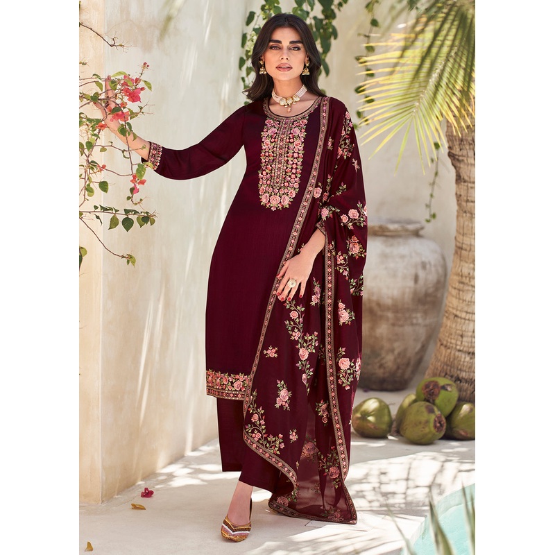 Maroon Premium Silk Thread Embroidered Trendy Salwar Suit