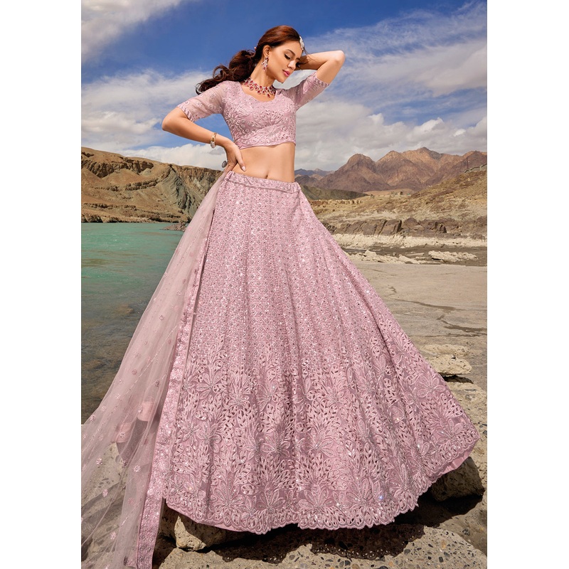 Mauve Embroidered Pure Organza Designer Bridal Lehenga Choli