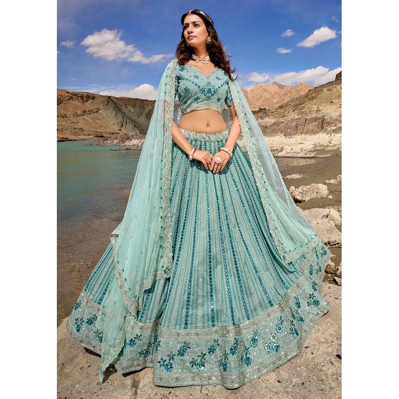 Mint Blue Embroidered Pure Georgette Designer Bridal Lehenga Choli
