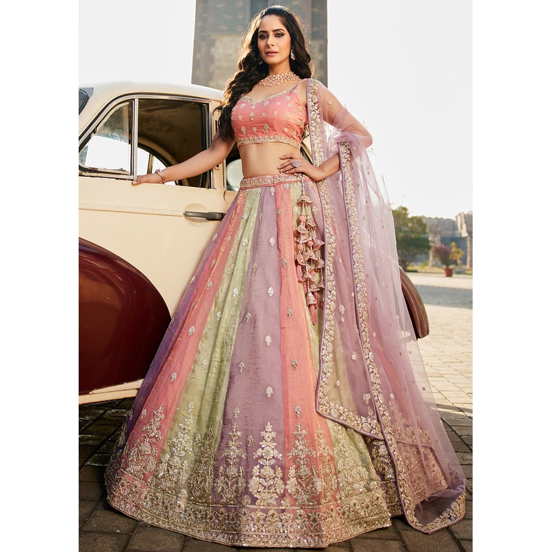 Multi Lavender Tissue Embroidered Wedding Lehenga Choli
