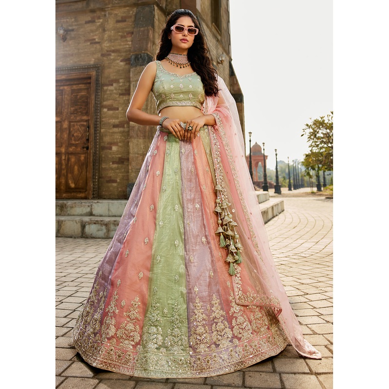 Multi Pink Tissue Embroidered Wedding Lehenga Choli