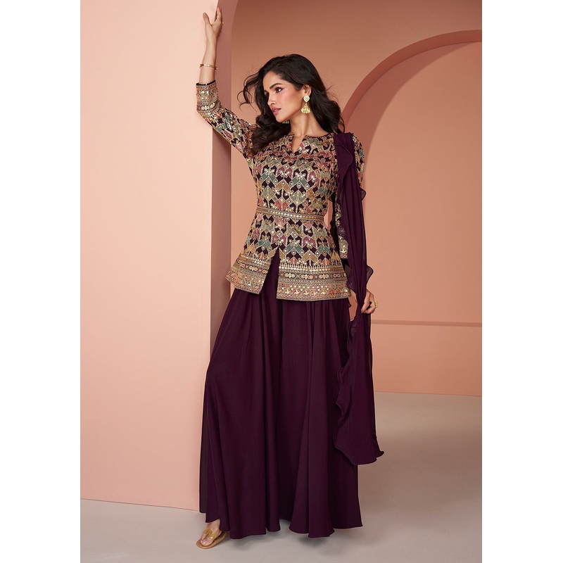 Multi Wine Embroidered Georgette Indo Wester Palazzo Suit