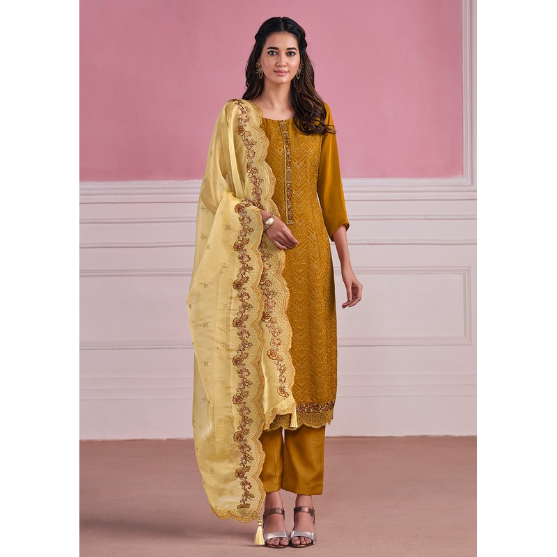 Mustard Chinnon Chiffon Chikankari Embroidered Wedding Salwar Suit