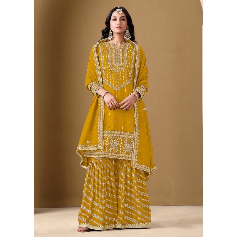 Mustard Color Embroidered Art Silk Gharara Style Suit