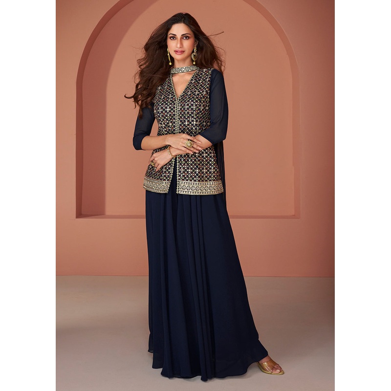 Navy Blue Embroidered Georgette Indo Wester Palazzo Suit