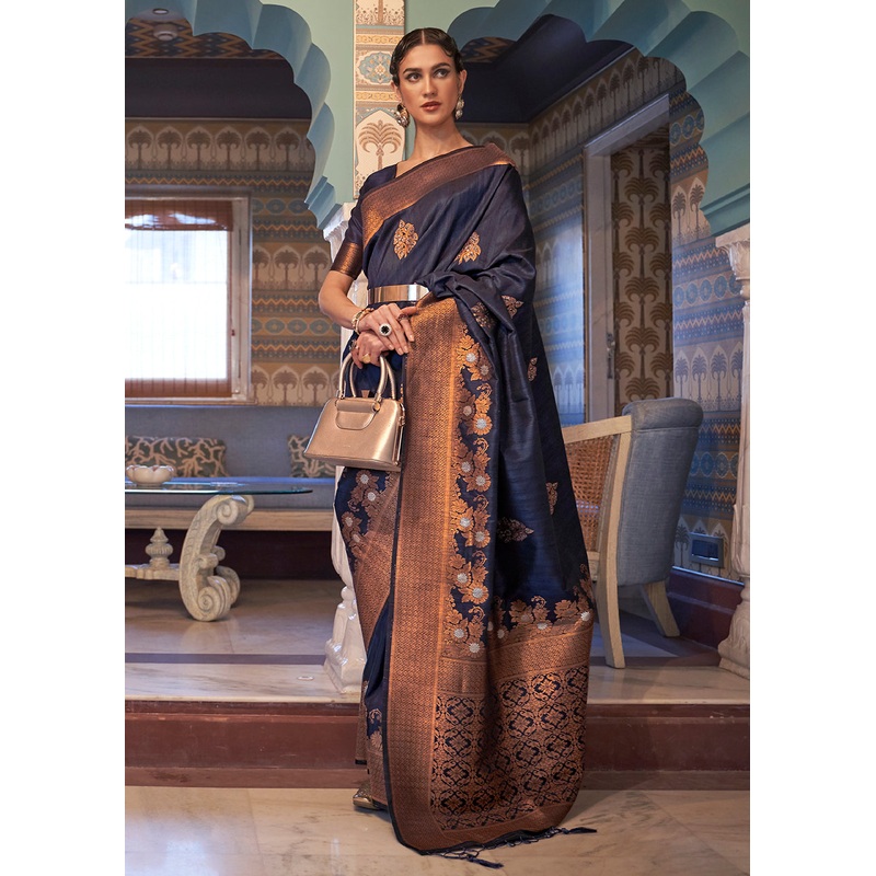 Navy Blue Tussar Banarasi Silk Designer Saree