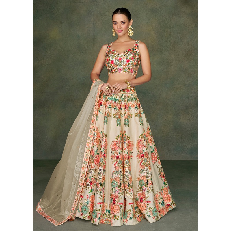 Off White Crop Top Style Taffeta Silk Wedding Lehenga Choli