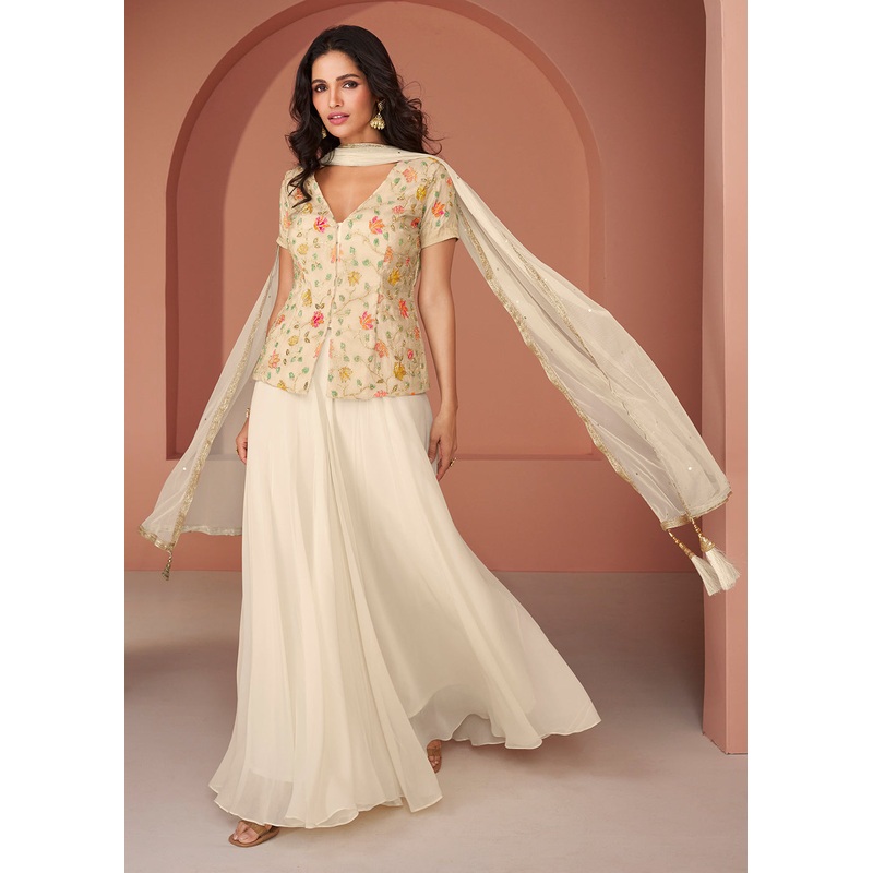 Off White Embroidered Georgette Indo Wester Palazzo Suit
