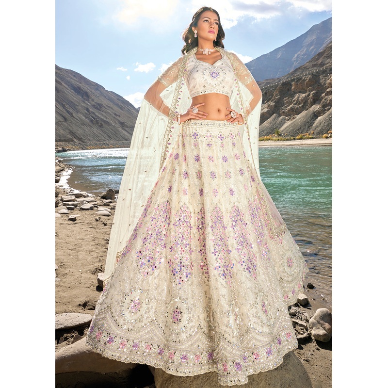 Off White Embroidered Pure Net Designer Bridal Lehenga Choli