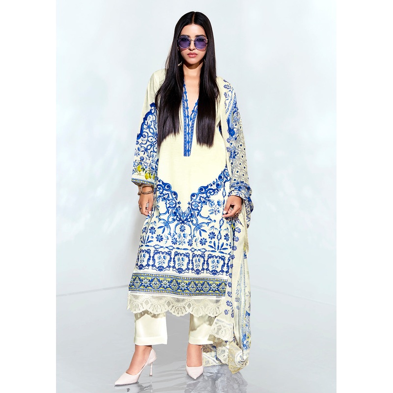 Off White Linen Printed & Embroidered Pant Style Suit