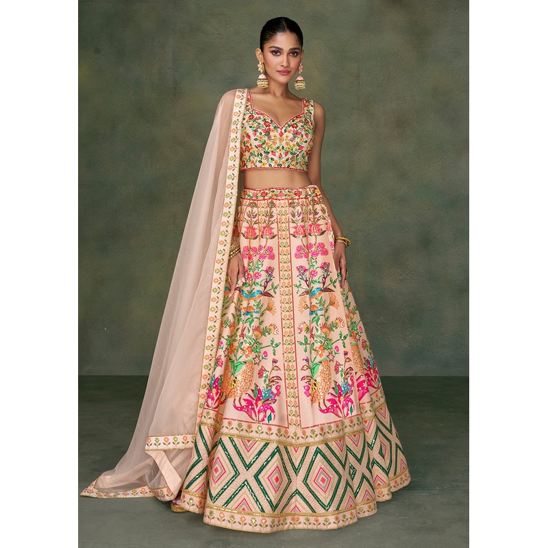 Peach Crop Top Style Taffeta Silk Wedding Lehenga Choli