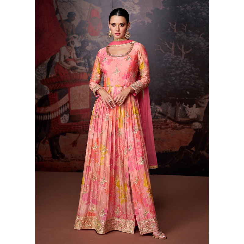 Peach Pink Printed & Embroidered Wedding Anarkali Dress