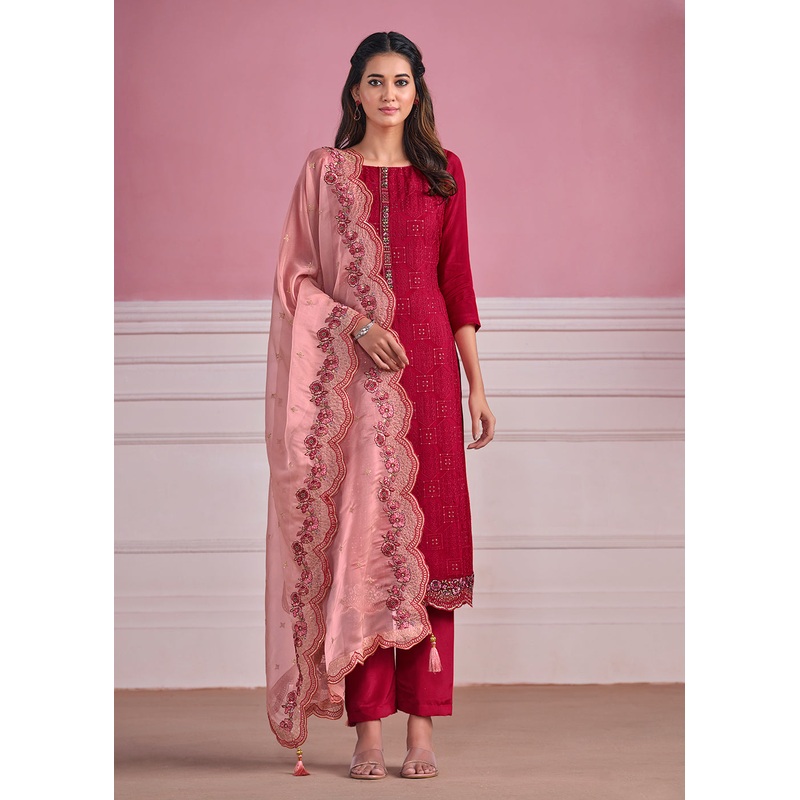 Pink Chinnon Chiffon Chikankari Embroidered Wedding Salwar Suit