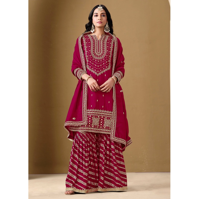 Pink Color Embroidered Art Silk Gharara Style Suit