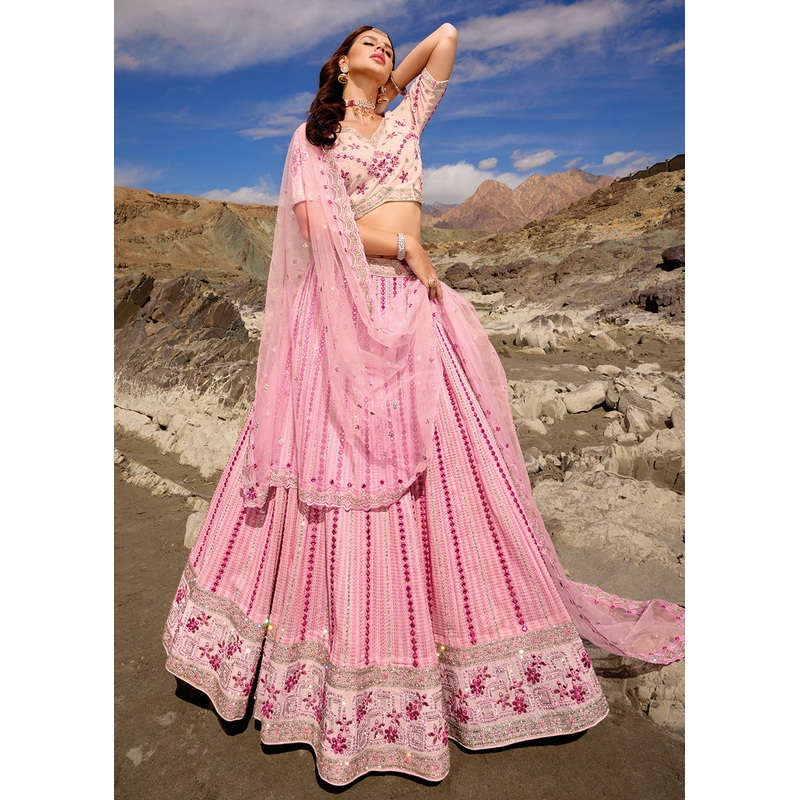 Pink Embroidered Pure Georgette Designer Bridal Lehenga Choli