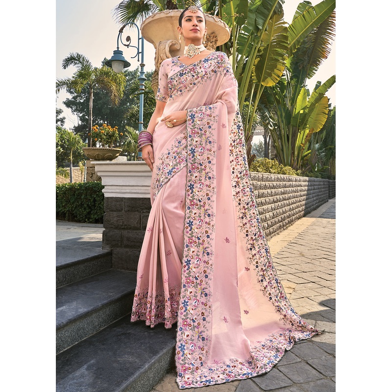 Pink Heavy Embroidered Wedding Designer Saree