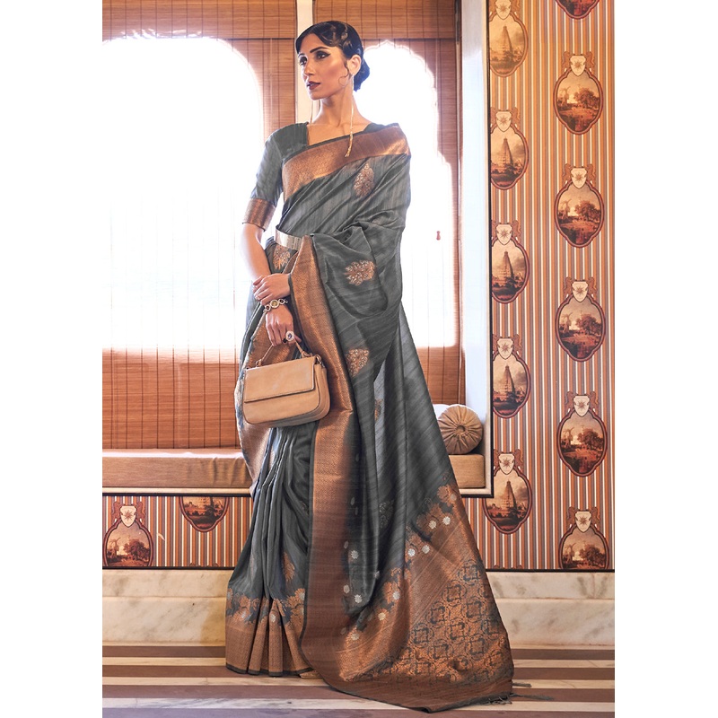 Platinum Grey Tussar Banarasi Silk Designer Saree