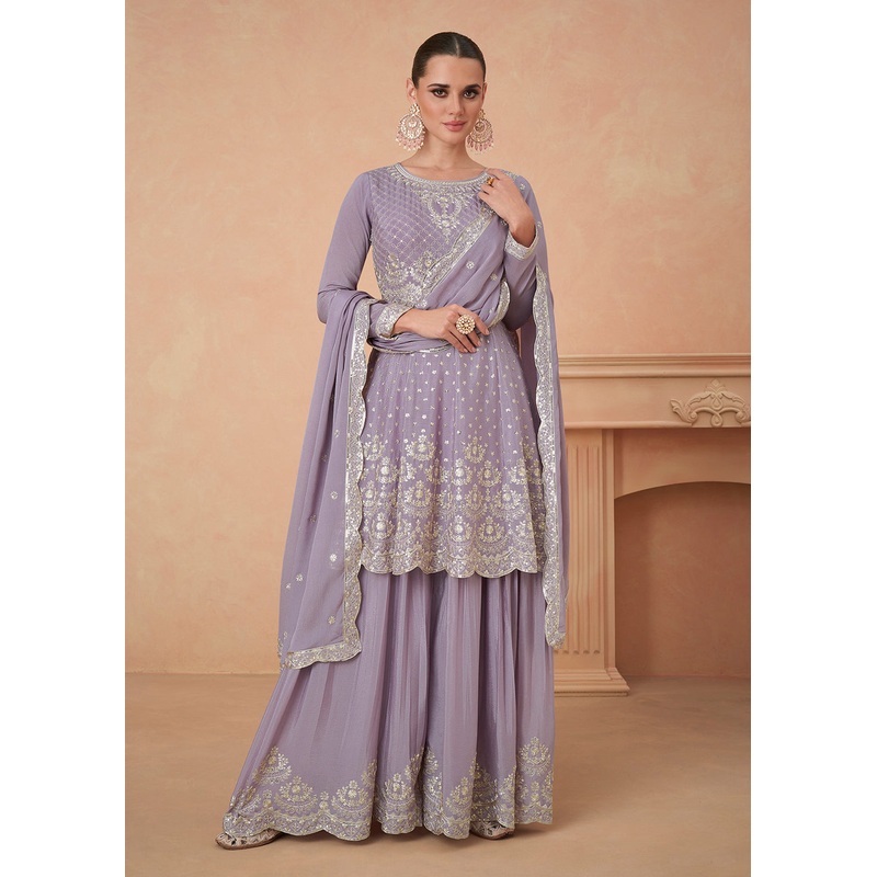 Premium Chinnon Lavender Embroidered Wedding Palazzo Suit