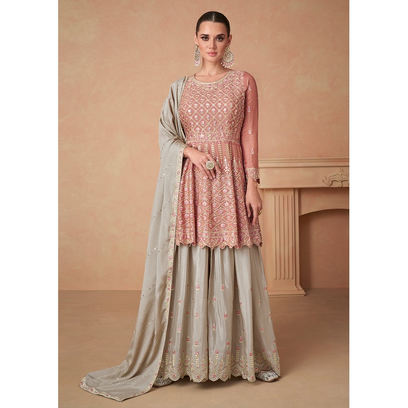 Premium Chinnon Peach Embroidered Wedding Palazzo Suit