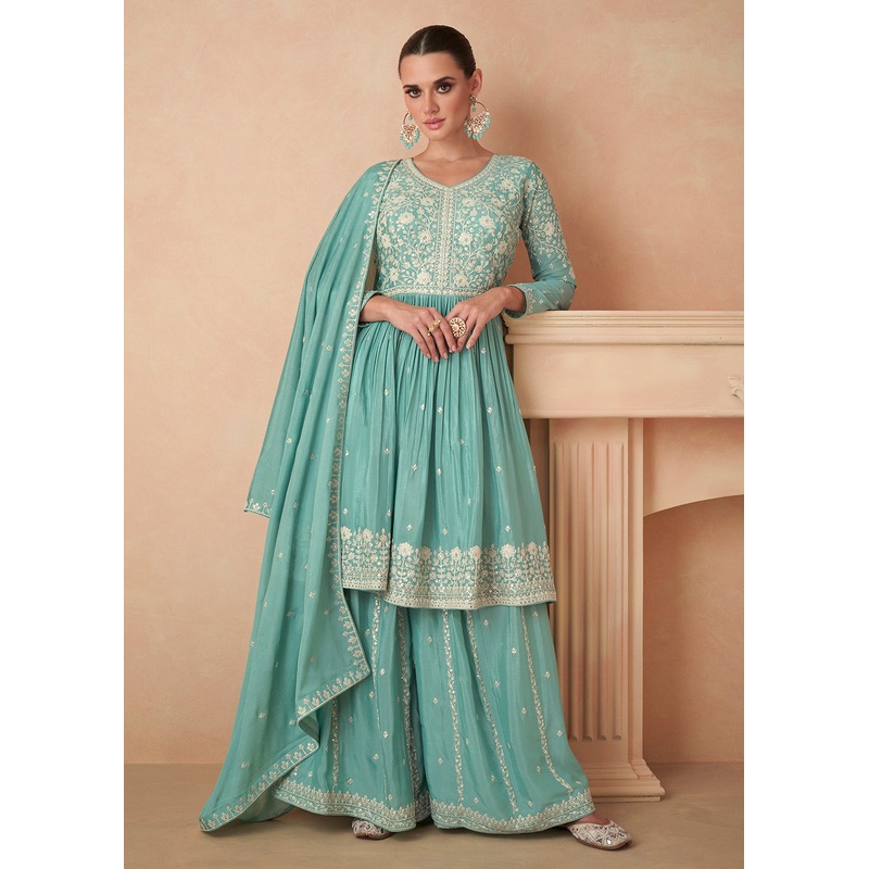 Premium Chinnon Sea Green Embroidered Wedding Palazzo Suit
