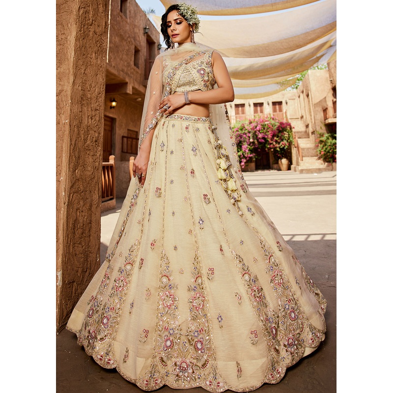 Pretty Cream Sequins Embroidered Wedding Lehenga Choli
