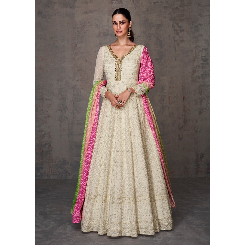 Pretty Cream Wedding Wear Embroidered Long Anarkali Suit