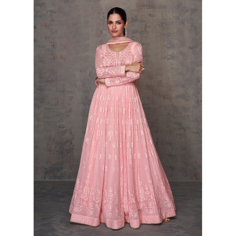 Pretty Pink Wedding Wear Embroidered Long Anarkali Suit