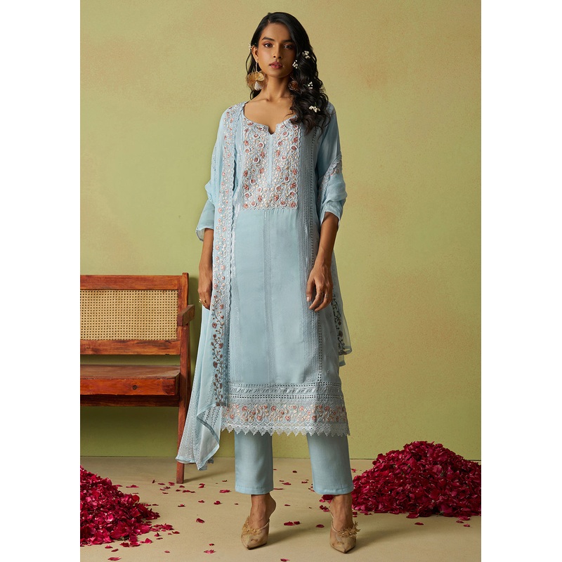 Pure Organza Embroidered Blue Wedding Festive Dress