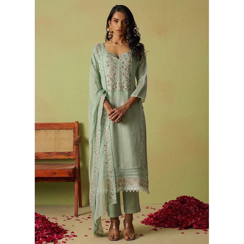 Pure Organza Embroidered Green Wedding Festive Dress
