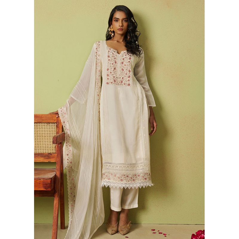 Pure Organza Embroidered Off White Wedding Festive Dress