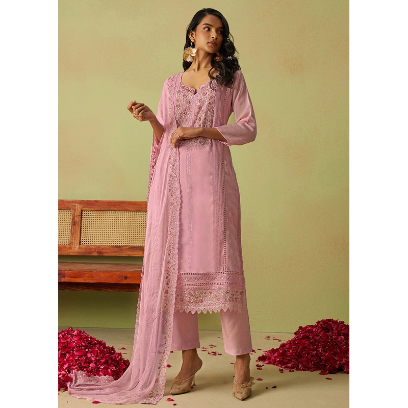 Pure Organza Embroidered Pink Wedding Festive Dress
