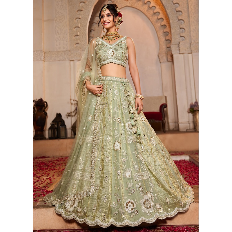 Pure Tissue Fabric Lime Green Designer Lehenga Choli