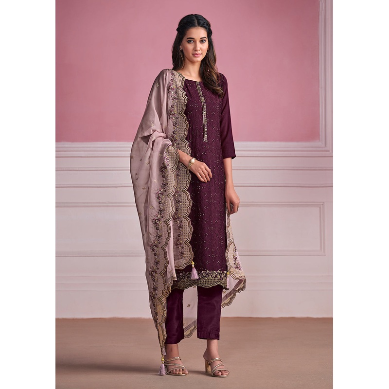 Purple Chinnon Chiffon Chikankari Embroidered Wedding Salwar Suit
