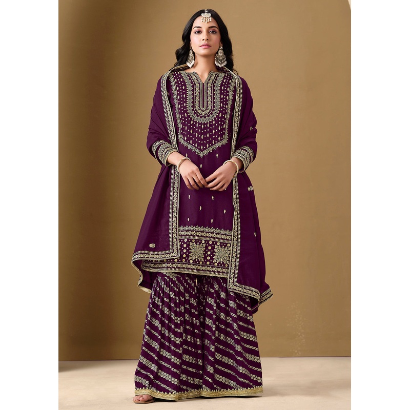 Purple Color Embroidered Art Silk Gharara Style Suit