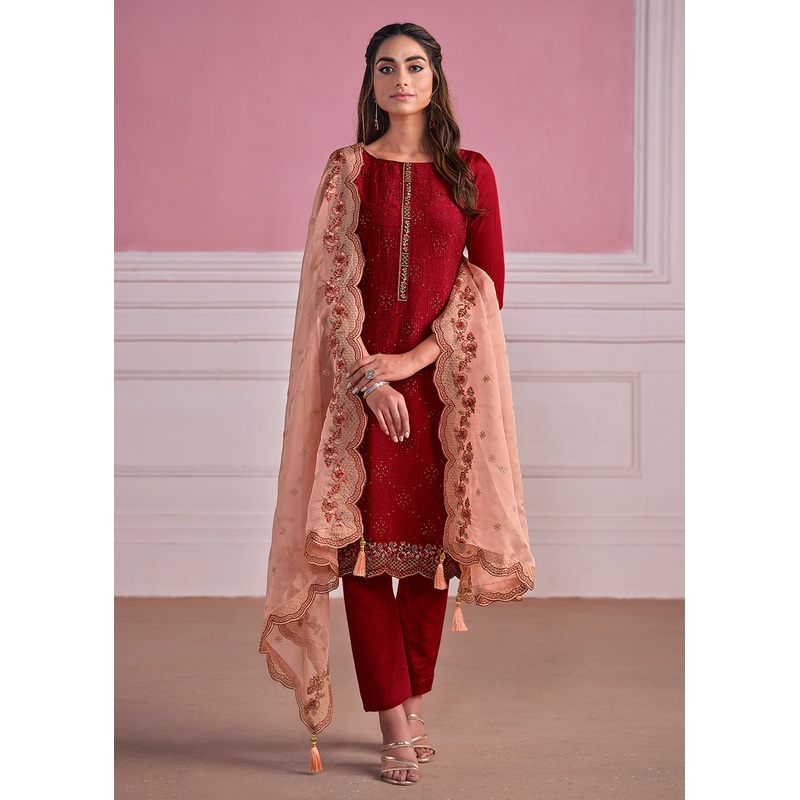 Red Chinnon Chiffon Chikankari Embroidered Wedding Salwar Suit