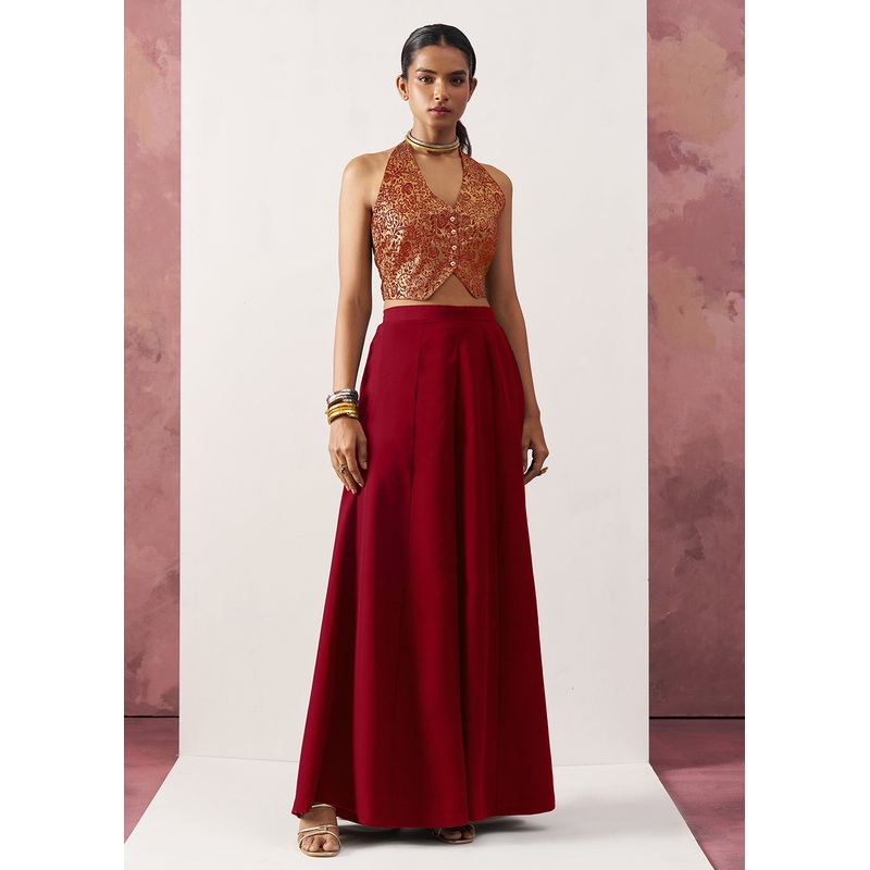 Red Jacquard Waistcoat Style Indo Western Skirt Suit