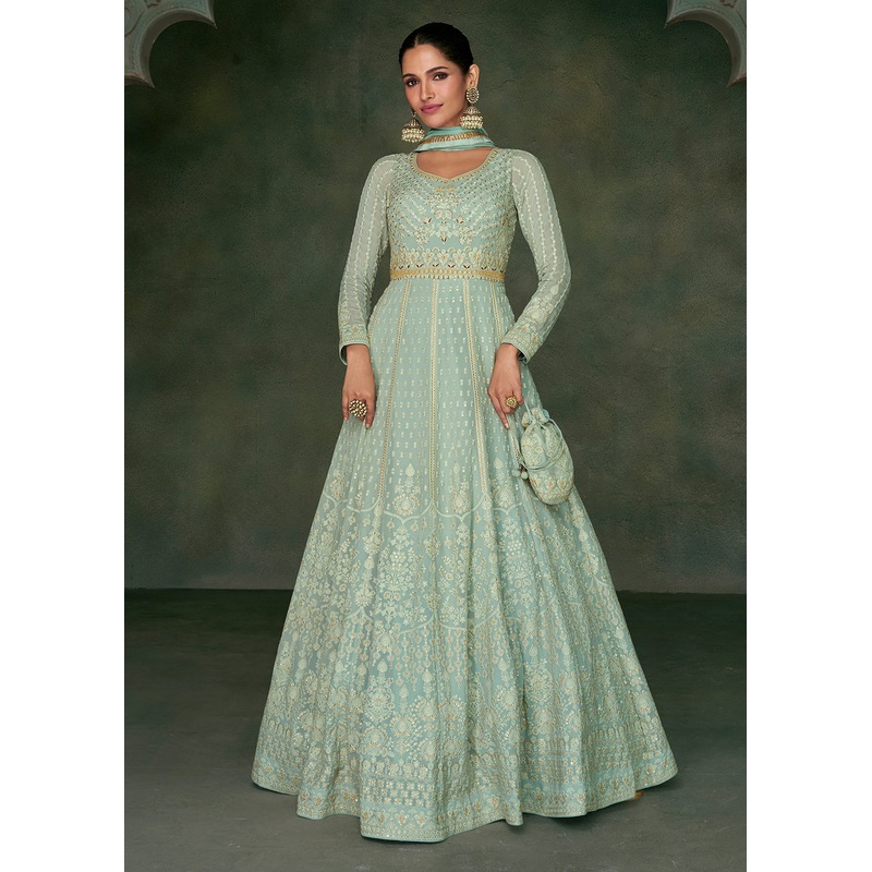 Tempting Aqua Green Georgette Embroidered Wedding Anarkali Suit