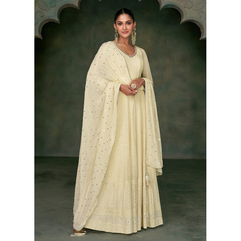 Tempting Off White Georgette Embroidered Wedding Anarkali Suit