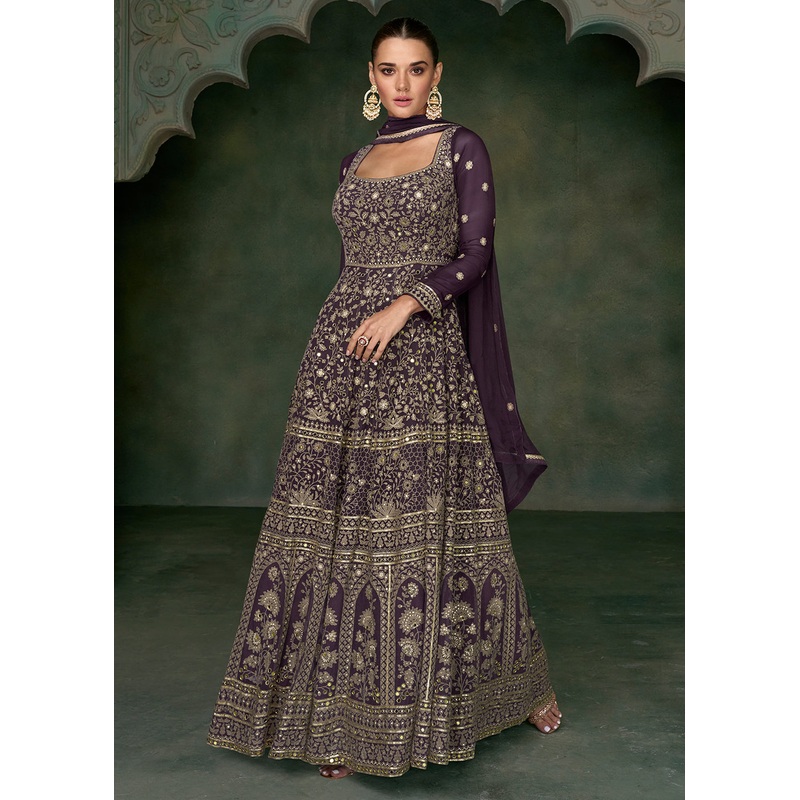 Tempting Wine Georgette Embroidered Wedding Anarkali Suit