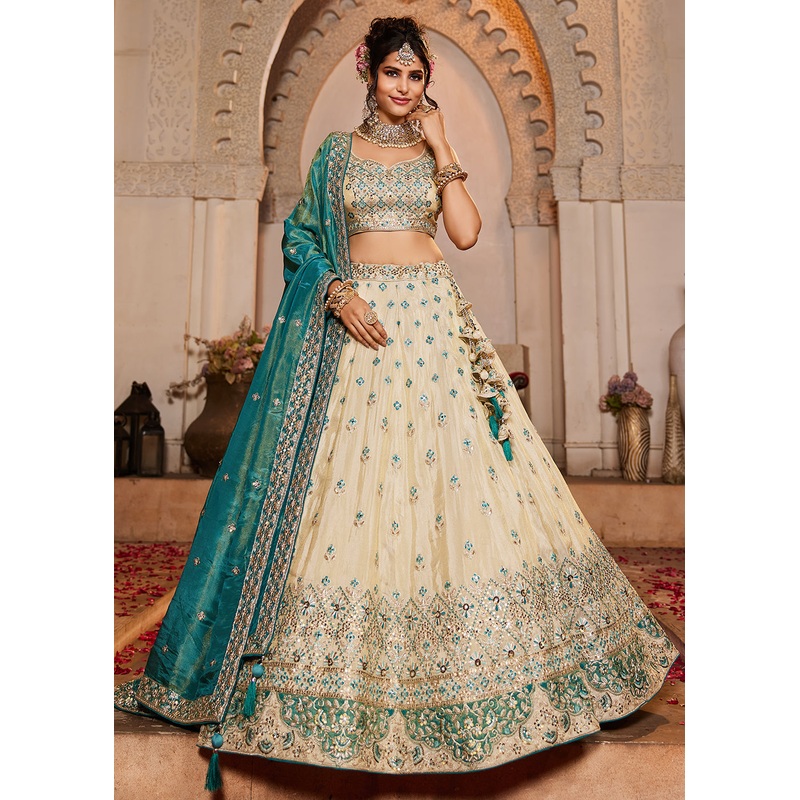 Tissue Embroidered Cream & Teal Designer Lehenga Choli