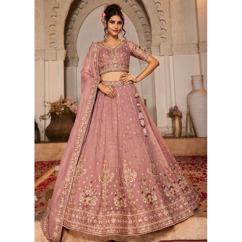 Tissue Fabric Pink Embroidered Designer Lehenga Choli