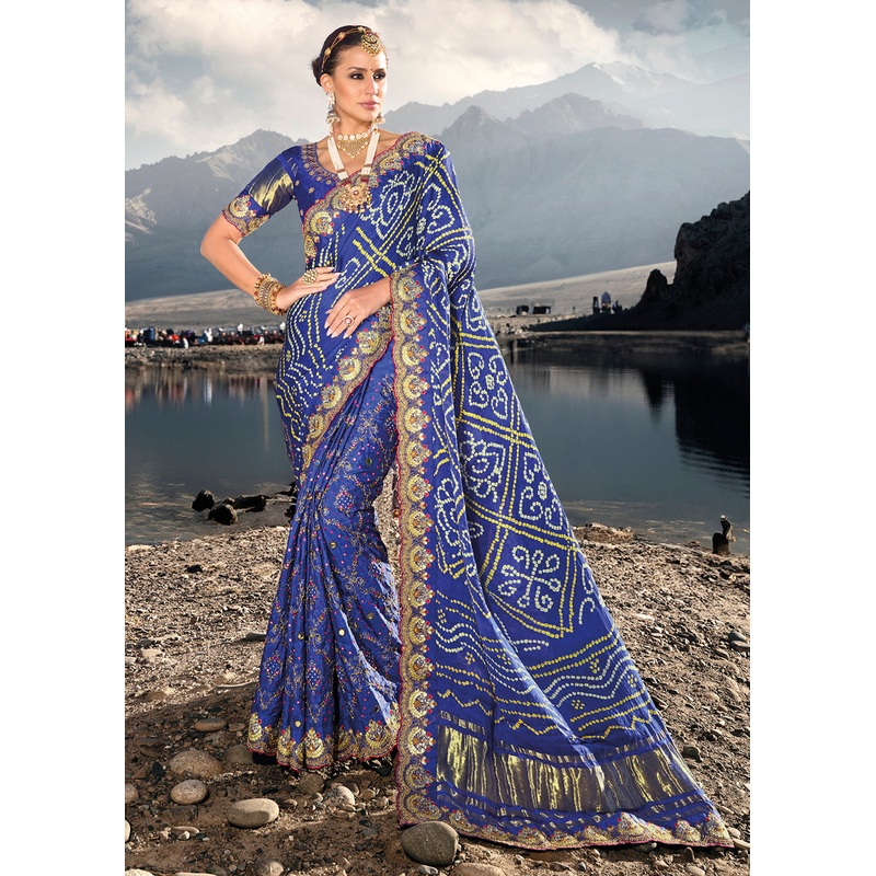 Traditional Blue Embroidered Kachhi Bandhej Sateen Saree