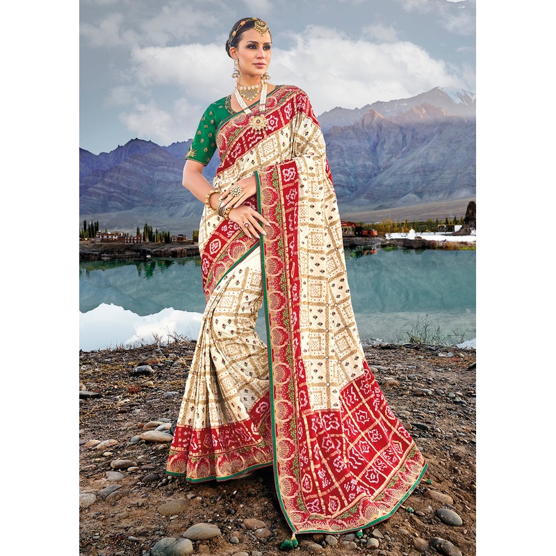 Traditional Cream Embroidered Kachhi Bandhej Sateen Saree