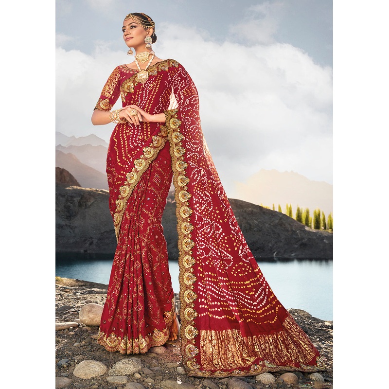 Traditional Maroon Embroidered Kachhi Bandhej Sateen Saree