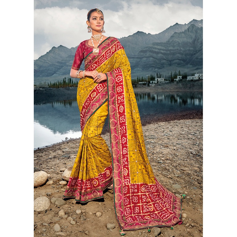 Traditional Mustard Embroidered Kachhi Bandhej Sateen Saree