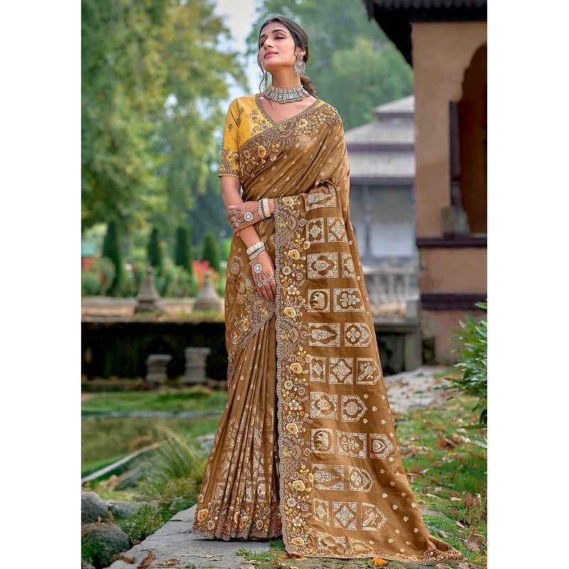 Vibrant Brown Embroidered Silk Wedding Wear Contemporary Saree