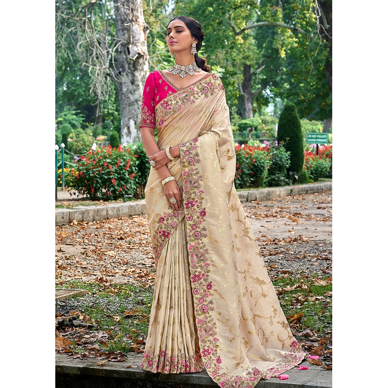 Vibrant Cream Embroidered Silk Wedding Wear Contemporary Saree