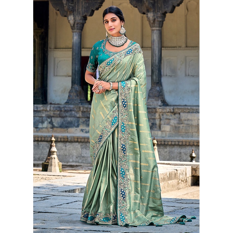 Vibrant Grey Embroidered Silk Wedding Wear Contemporary Saree