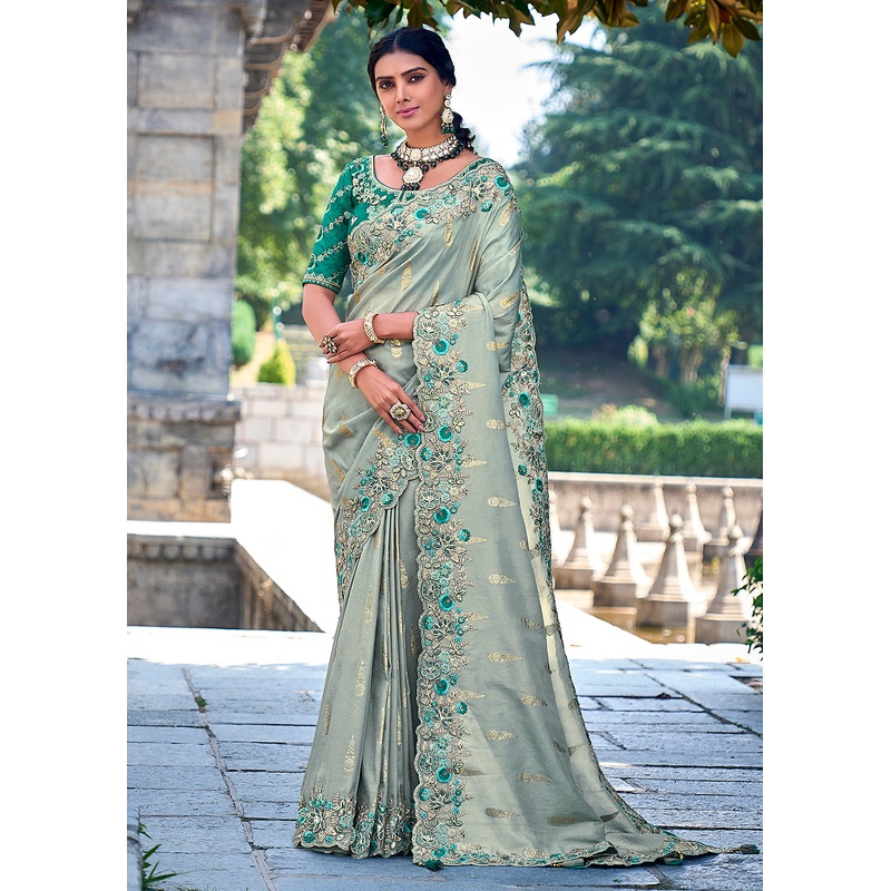 Vibrant Greyish Green Embroidered Silk Wedding Wear Contemporary Saree